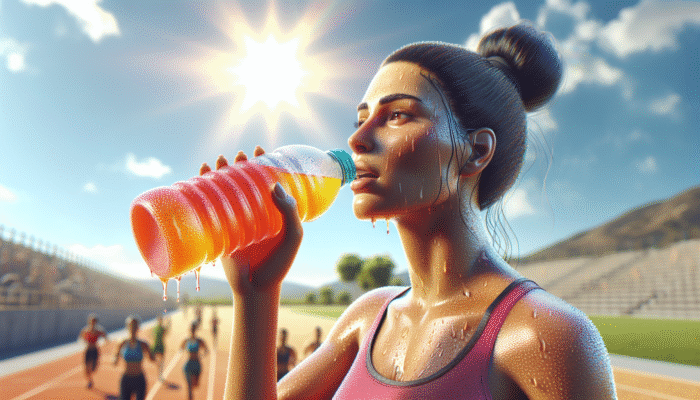 Person drinking colourful electrolyte drink, sweating in hot, sunny environment, highlighting hydration and physical activity.